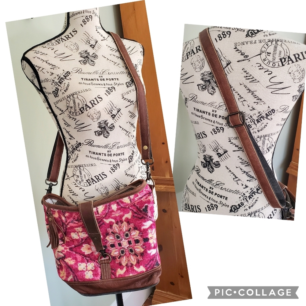 Myra Bag Fuchsia Tapestry Cotton & Leather Boho Satchel - Picture 11 of 14